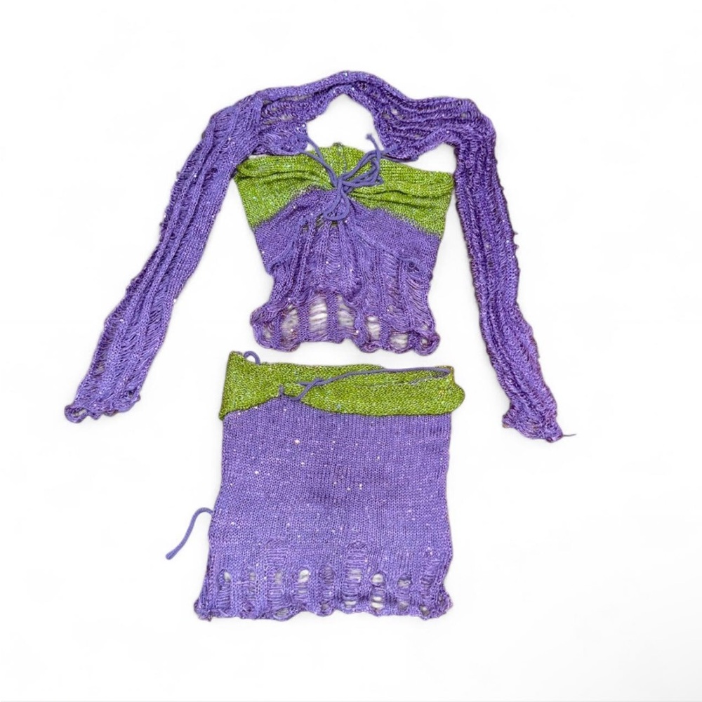 Purple and Green Knit Top and Skirt Matching Set